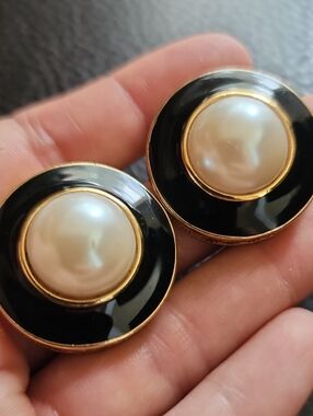 Classic Givenchy Pearl Center Black Enamel Button Clip Earrings